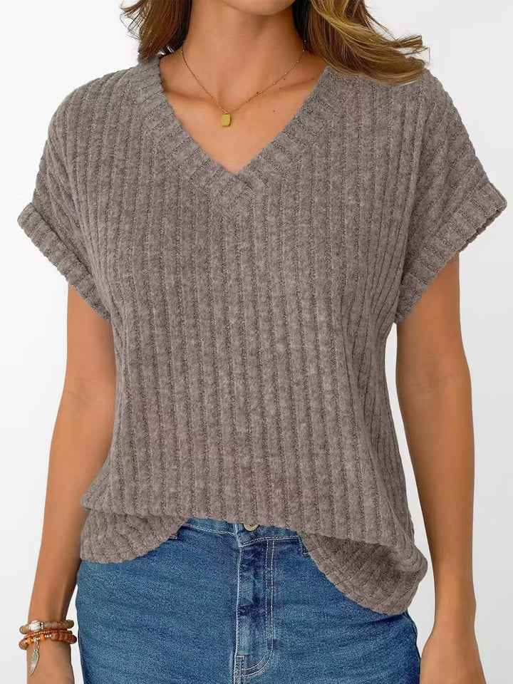 Damen lässiges V-Ausschnitt T-Shirt mit Streifenstruktur Drune