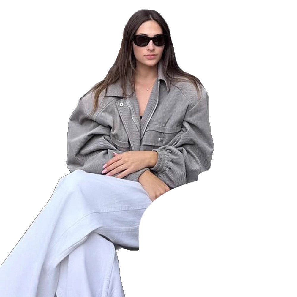 Damen lässige Übergangsjacke mit voluminösen Ärmeln und Druckknopfdetail Drune