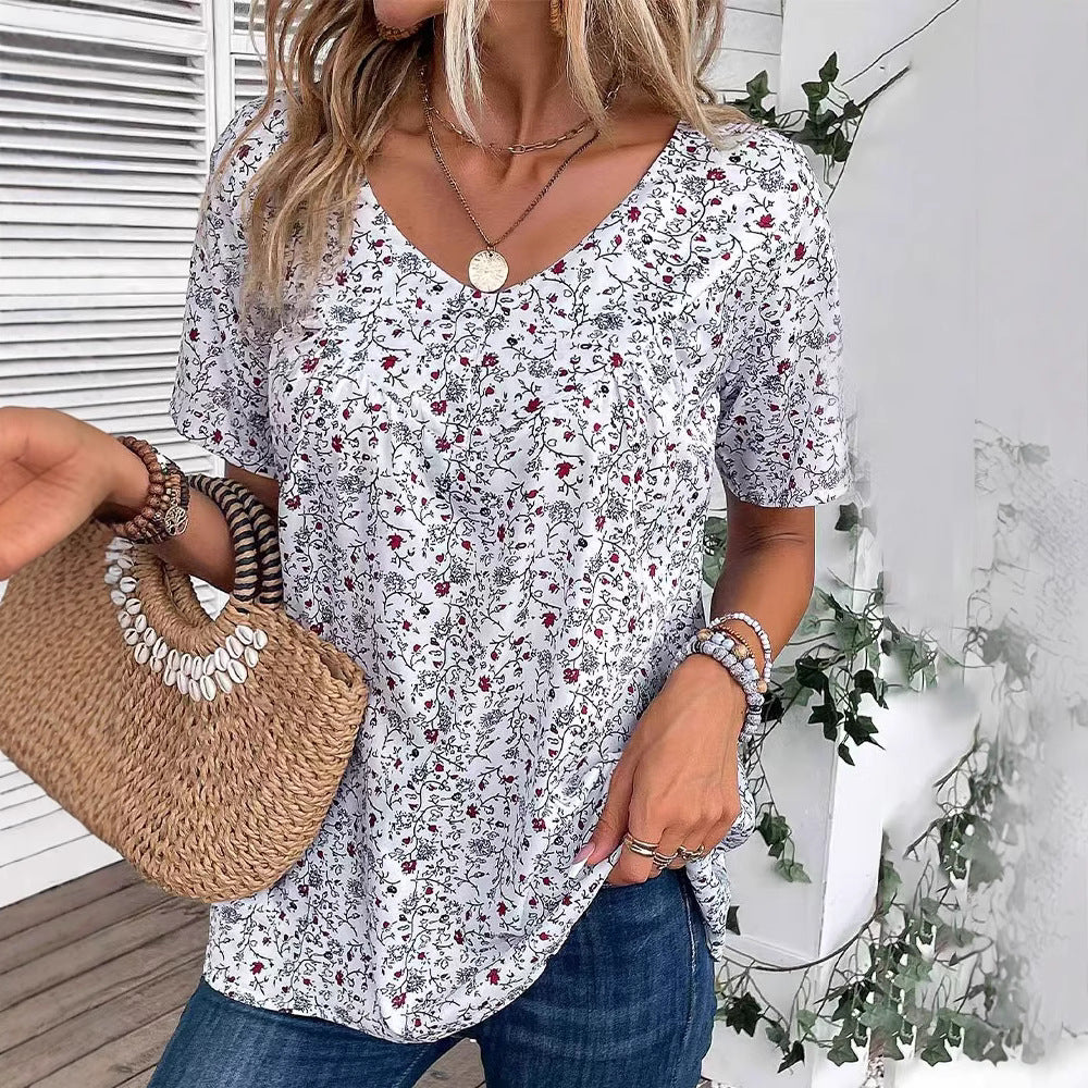 Damen nan locker geschnittene Kurzarmbluse mit V-Ausschnitt, feinem Blumenprint und Kellerfalte Drune