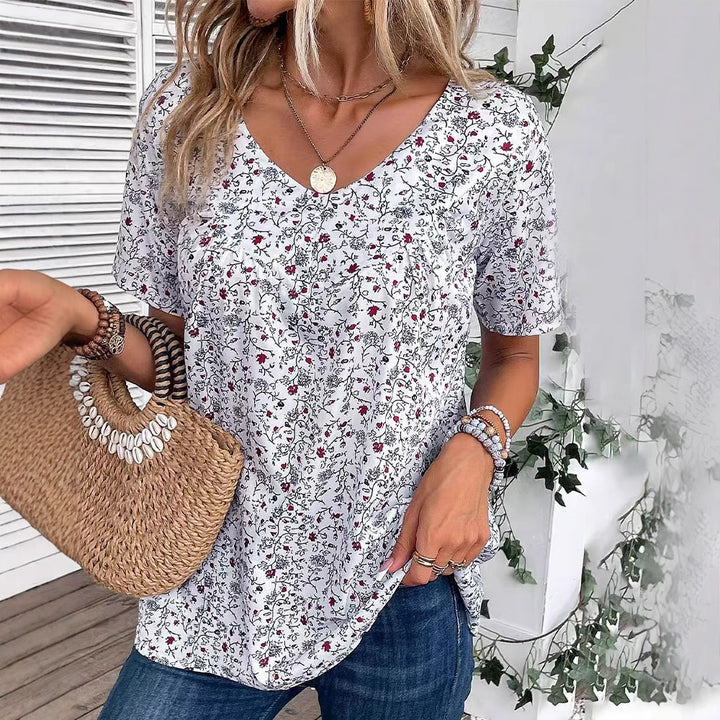 Damen nan locker geschnittene Kurzarmbluse mit V-Ausschnitt, feinem Blumenprint und Kellerfalte Drune