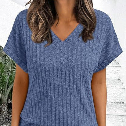 Damen lässiges V-Ausschnitt T-Shirt mit Streifenstruktur Drune