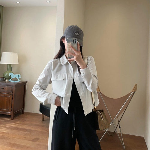 Damen Kurze Overshirt-Jacke aus leichtem Baumwollmix mit Brusttaschen Drune