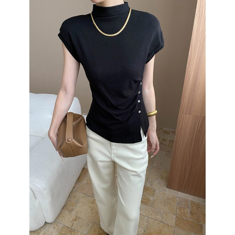 Damen elegantes Oberteil mit dekorativer Knopfleiste und schickem Gerafften Detail Drune