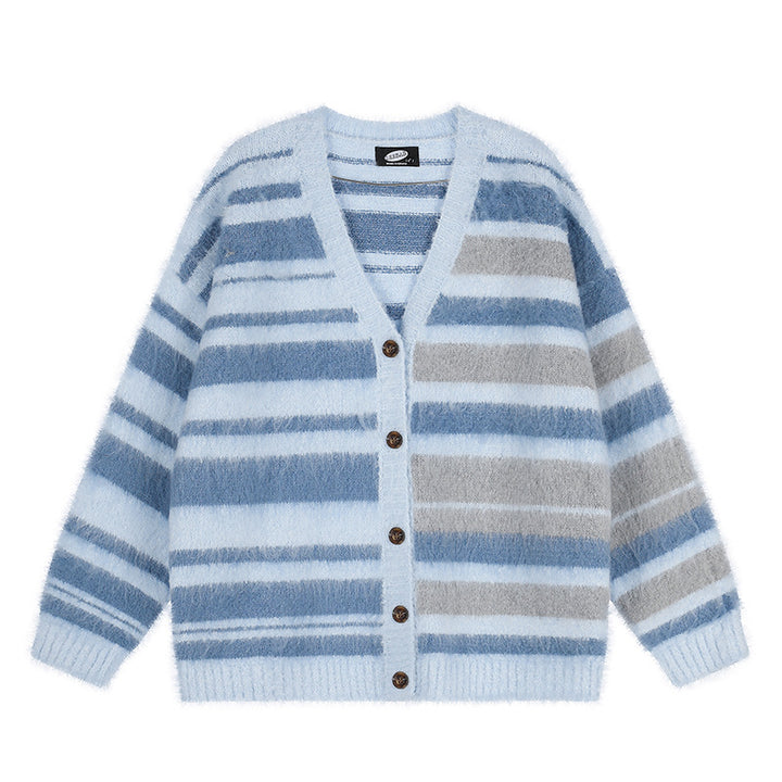 Damen Oversize-Strickjacke mit V‑Ausschnitt, kuscheliger Mohair‑Optik und gestreiftem Muster Drune