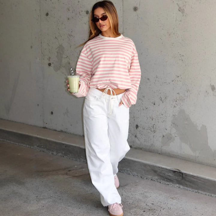 Damen lässiger gestreifter Crop-Pullover mit Kordelzug Drune