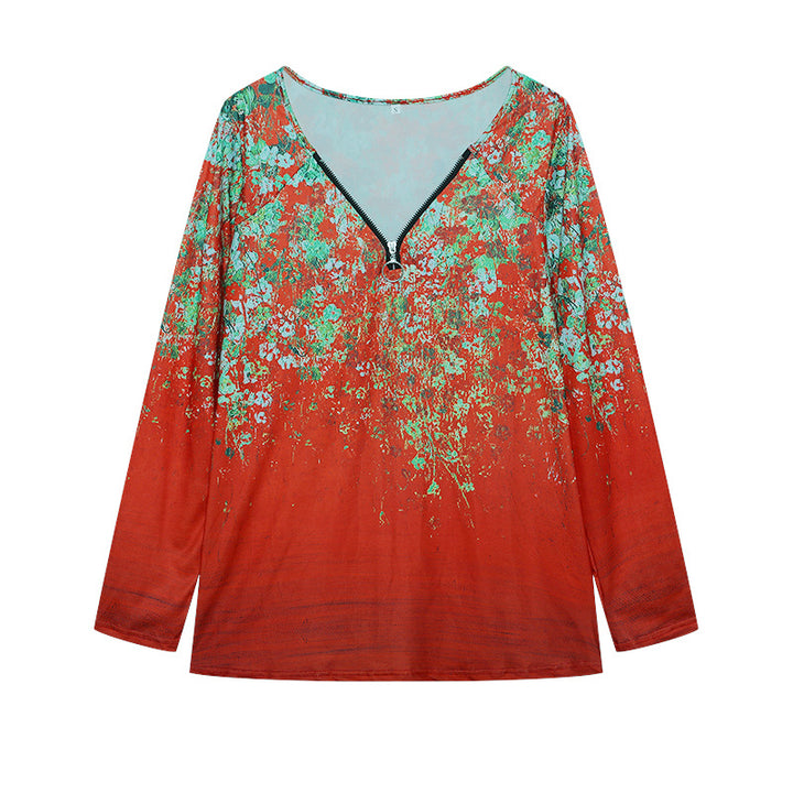 Damen Langarmshirt mit farbenfrohem Blütenmuster und modernem Zipper Drune