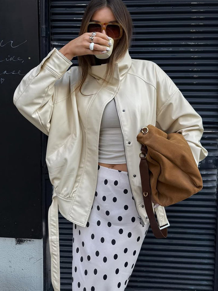 Damen Oversize-Lederimitatjacke mit Stehkragen und Tunnelzug Drune
