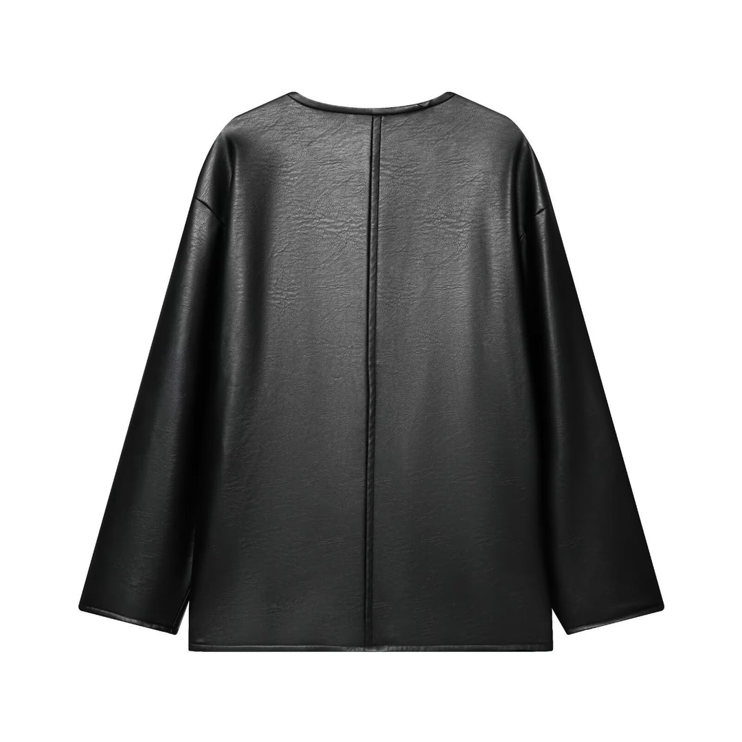 Damen Oversize Kunstlederjacke mit Kordel-Knotenverschluss und aufgesetzten Taschen Drune