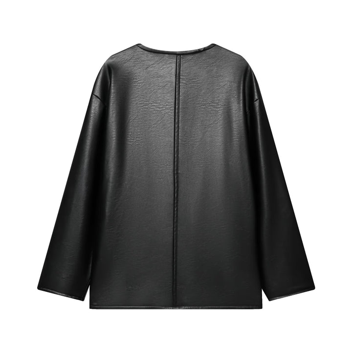 Damen Oversize Kunstlederjacke mit Kordel-Knotenverschluss und aufgesetzten Taschen Drune