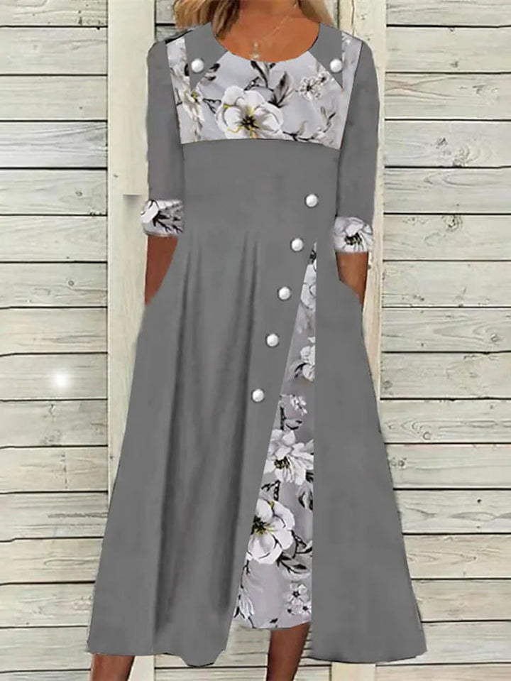 Damen Midi-Kleid mit floralem Kragen und durchgehenden Knopfdetails Drune