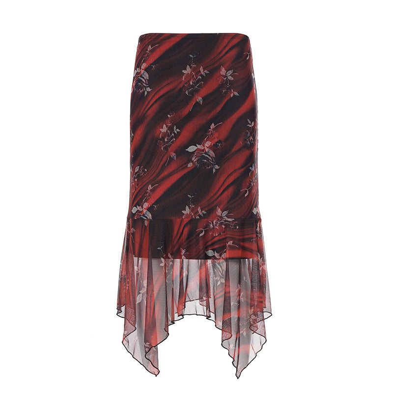 Damen Asymmetrischer Mesh-Midirock mit Volantstufen und floralem Muster Drune
