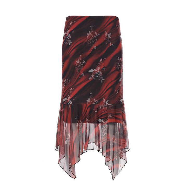 Damen Asymmetrischer Mesh-Midirock mit Volantstufen und floralem Muster Drune