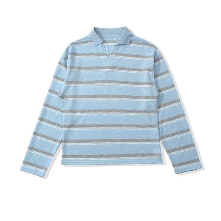 Herren Strick-Poloshirt mit offenem V‑Ausschnitt und feinem Streifenmuster Drune