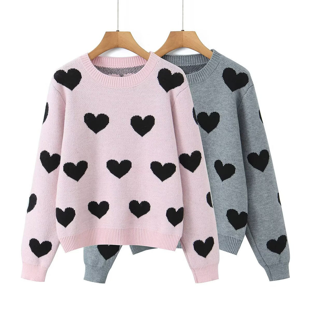Damen Gemusterter Oversize Strickpullover mit Herzjacquard und Rundhalsausschnitt Drune