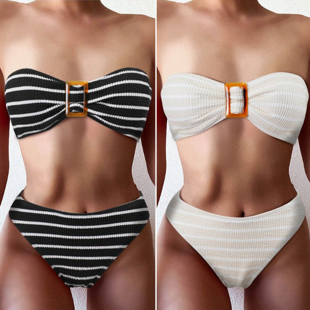 Damen Bandeau-Bikini mit modischem Streifenmuster und dekorativer Schnalle Drune