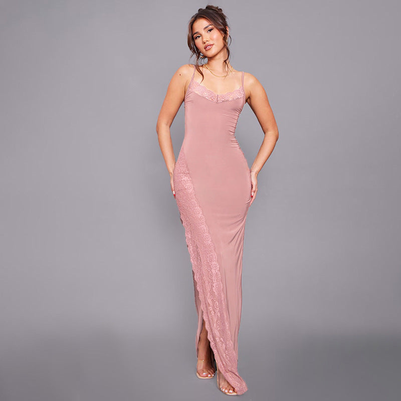 Damen elegantes Spitzen-Maxikleid mit zarten Trägerspitzendetails Drune