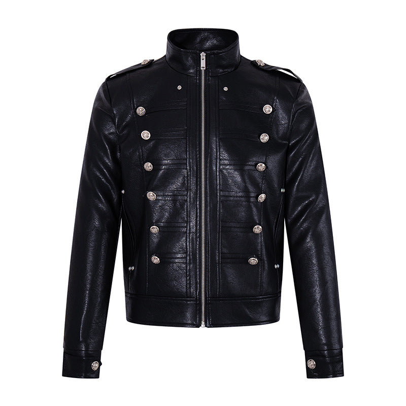 Herren Militärisch inspirierte Kunstlederjacke mit Stehkragen, Zierknopfreihe und Schulterpatten Drune