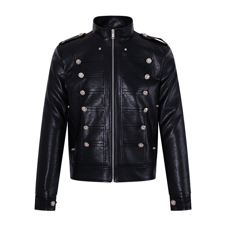 Herren Militärisch inspirierte Kunstlederjacke mit Stehkragen, Zierknopfreihe und Schulterpatten Drune