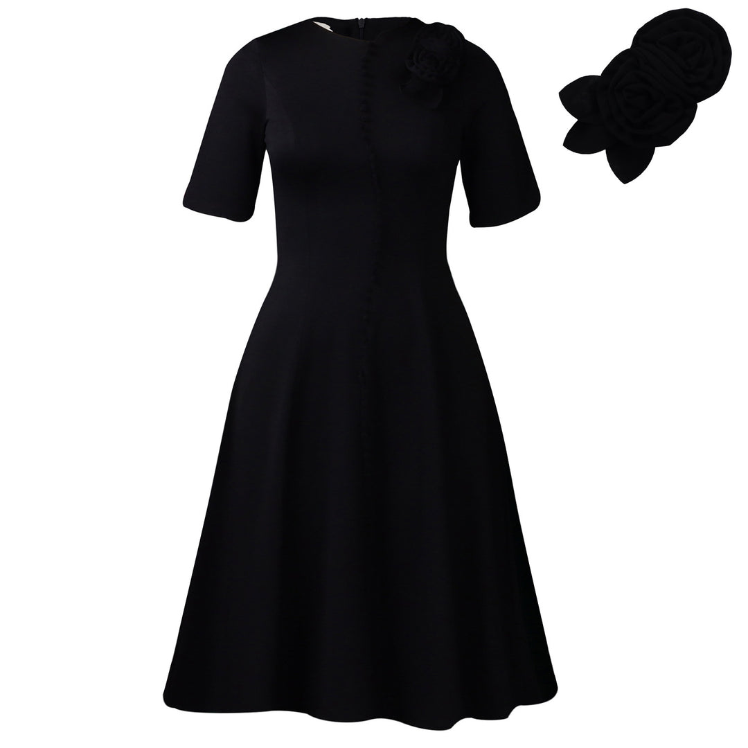 Damen A-Linien Kleid mit eleganten Knopfdetails und floralem Accessoire Drune