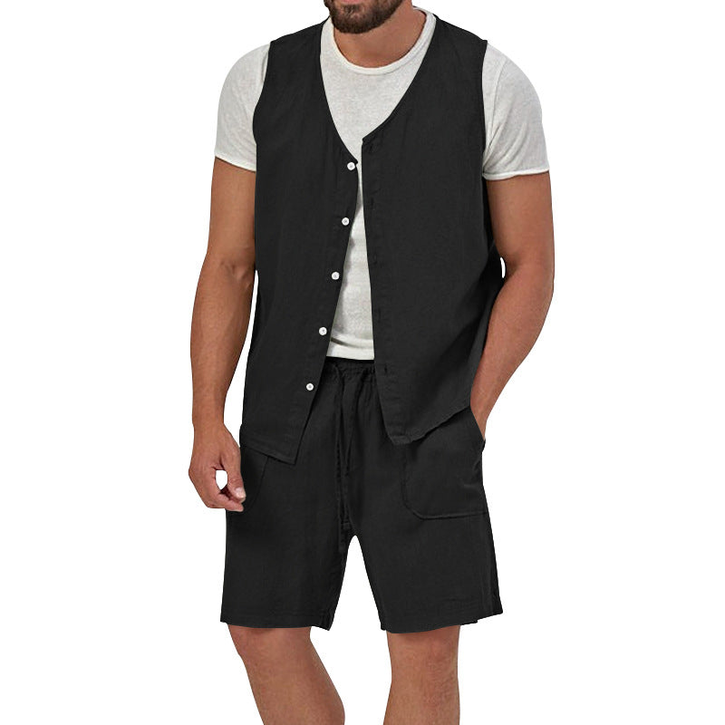 Herren nan zweiteiliges Freizeit-Set mit ärmelloser Knopfweste und weiten Kordelzug-Shorts mit aufgesetzten Taschen Drune