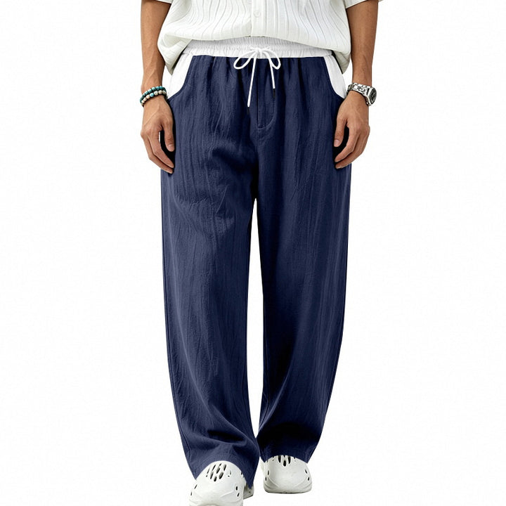 Herren Locker sitzende Leinen-Mischstoff Freizeithose mit Elastischem Tunnelzug und Seitentaschen Drune