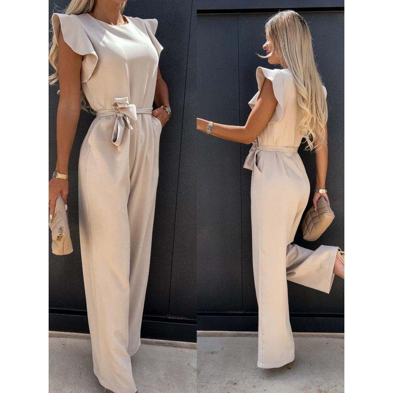 Frauen Fließender Weitbeiniger Jumpsuit mit Rüsche Ärmel Drune
