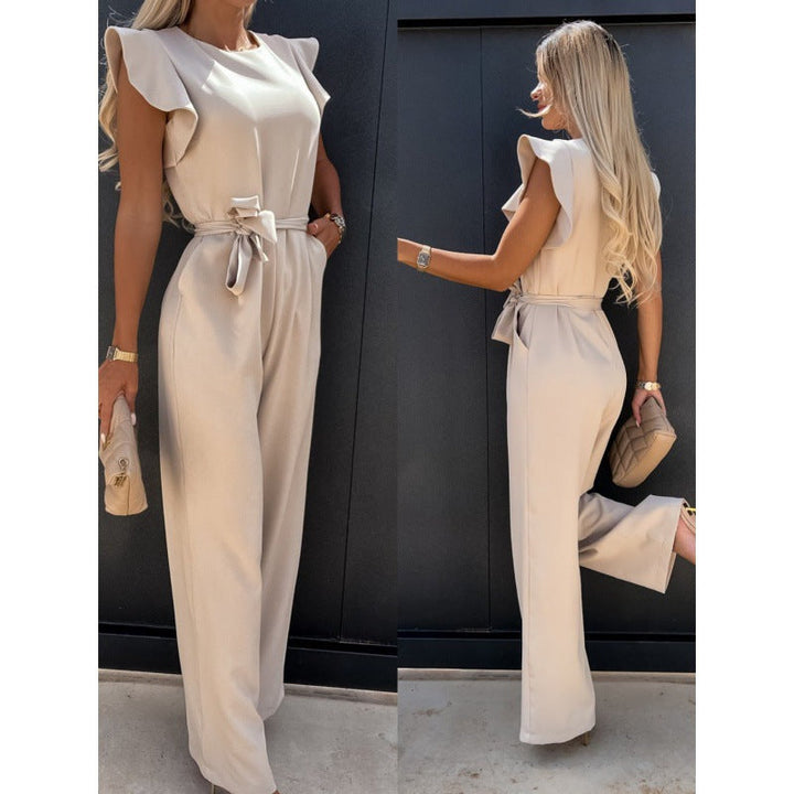 Frauen Fließender Weitbeiniger Jumpsuit mit Rüsche Ärmel Drune