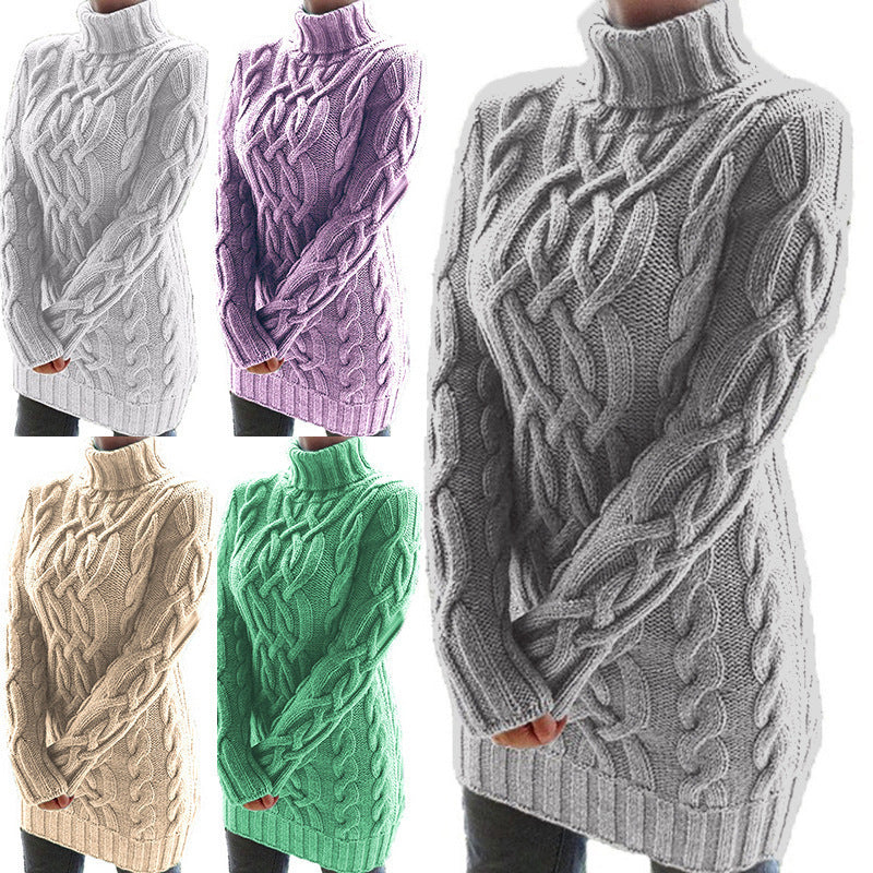 Damen Oversized Strickkleid mit markantem Zopfmuster und Rollkragen Drune
