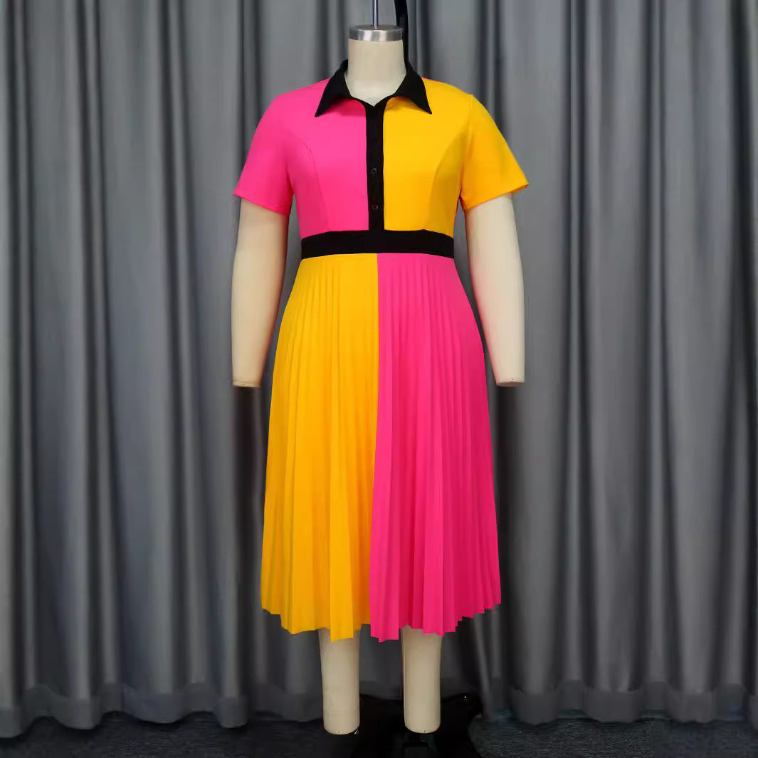 Damen plissiertes Kleid mit Umschlagkragen und kontrastierenden Farbblöcken Drune