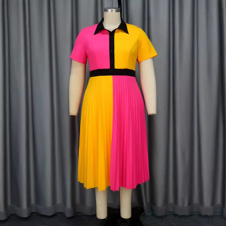 Damen plissiertes Kleid mit Umschlagkragen und kontrastierenden Farbblöcken Drune