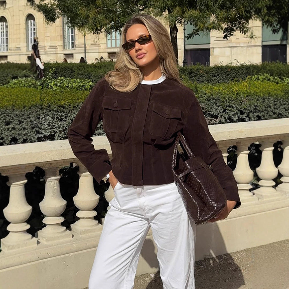 Damen Kurzjacke aus Veloursleder im Hemdjacke‑Stil mit aufgesetzten Brusttaschen Drune