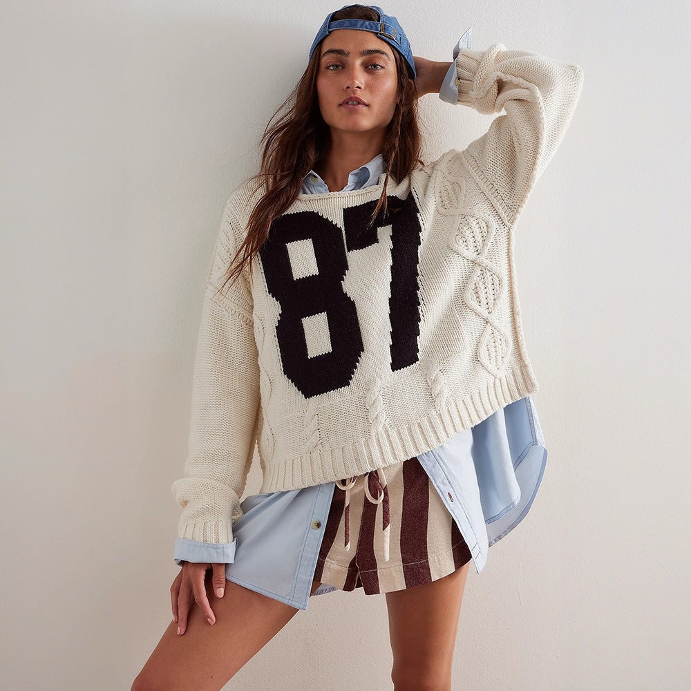 Damen Oversize Grobstrick-Pullover mit sportivem Zahlendekor & Zopfstrickdetail Drune