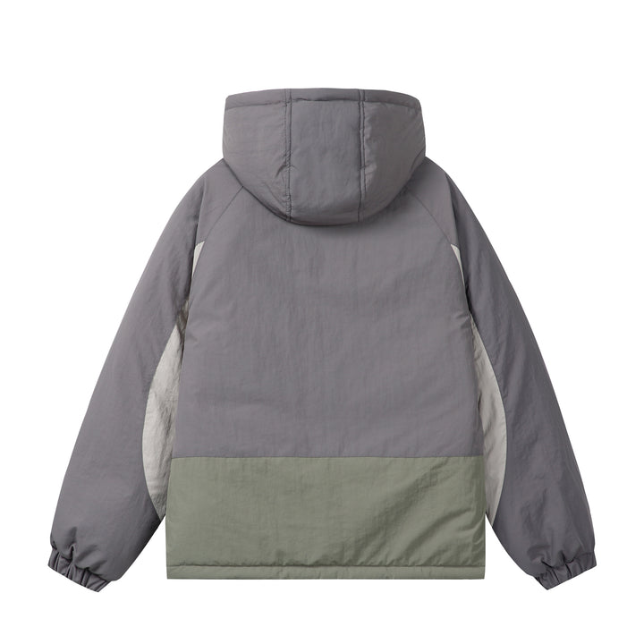 Unisex Boxy Colorblock Kapuzenpufferjacke mit winddichter Hülle und Reißverschlusstaschen Drune