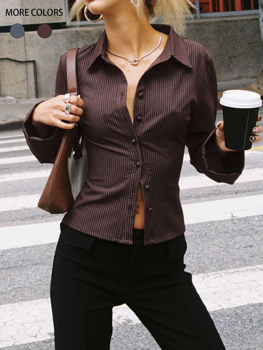 Damen taillierte Hemdbluse mit Klappkragen und feinen Streifen Drune