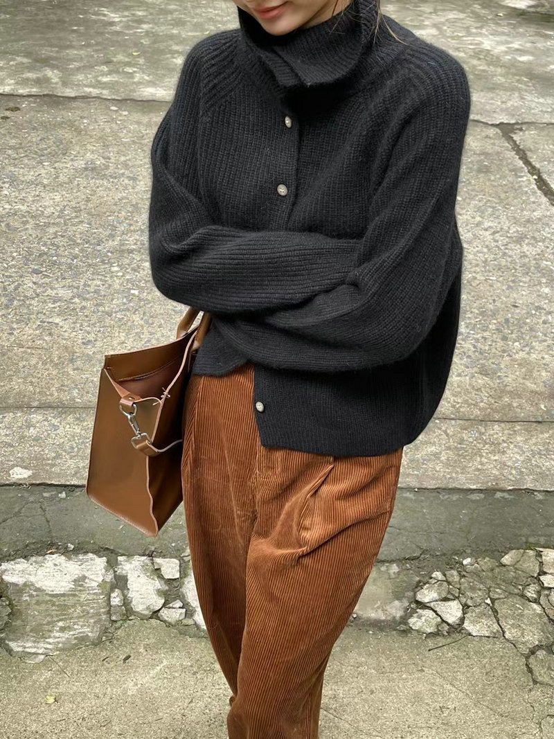 Damen elegante Strickjacke mit hohem Kragen und dekorativen Knöpfen Drune