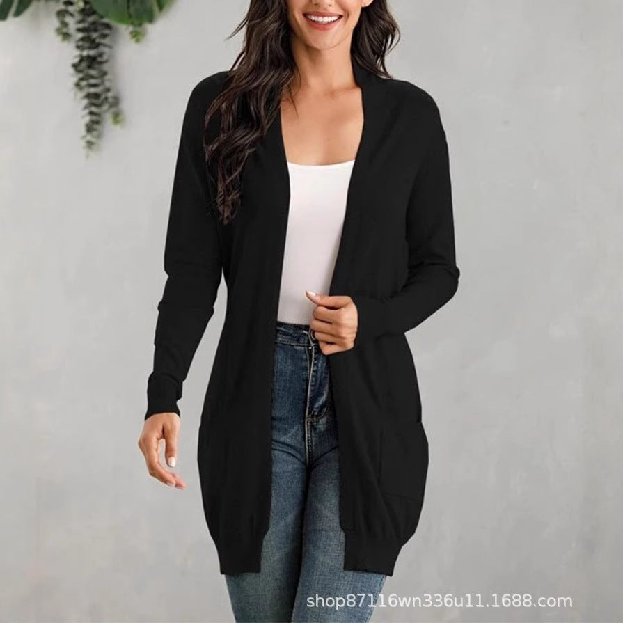 Damen Lange Strickjacke mit offenen Front und praktischen Taschen Drune