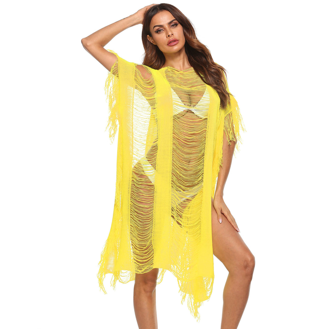 Damen eleganter fransiger Strandüberwurf mit transparenten Akzenten Drune