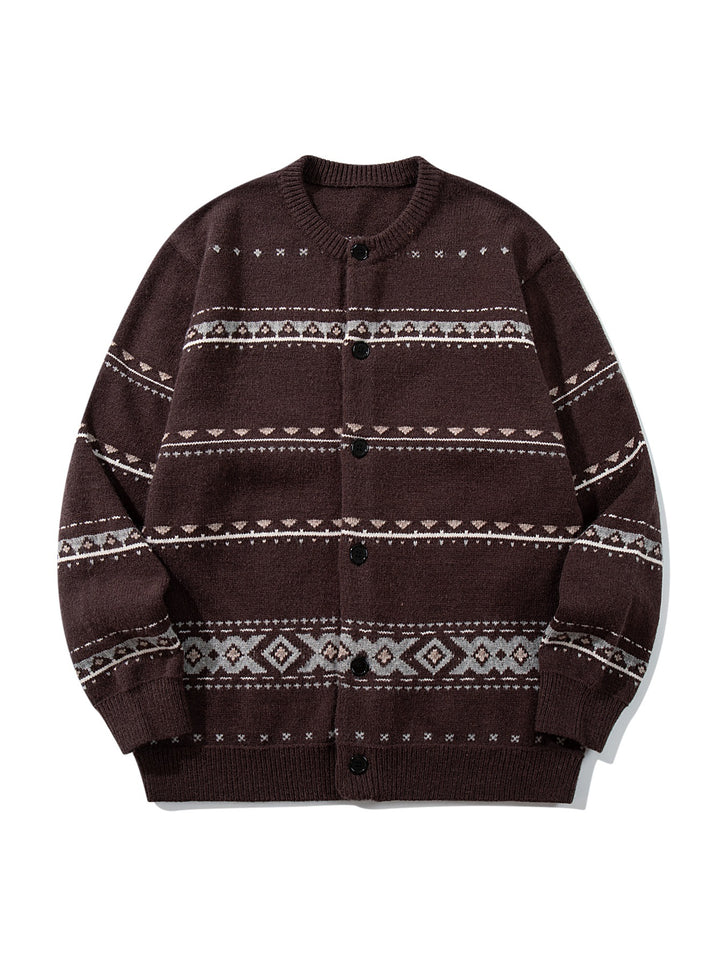 Unisex Strukturierte Jacquard-Strickjacke mit Rundhalsausschnitt, Oversize-Passform und Knopfleiste Drune