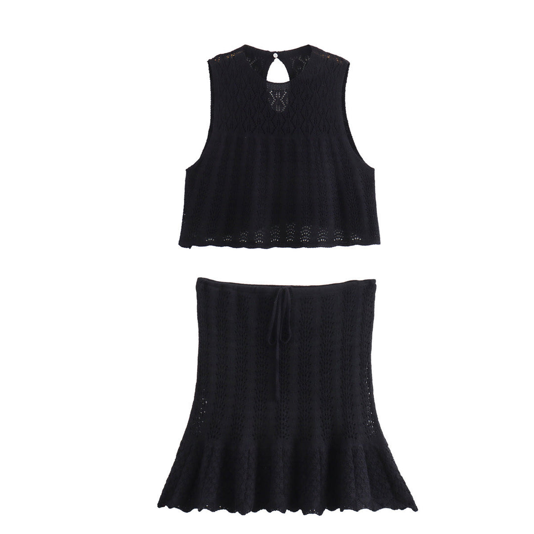DruneMODE | Mode Lässig Strickweste Hohlschliff Top Strick Kurzer Rock Set