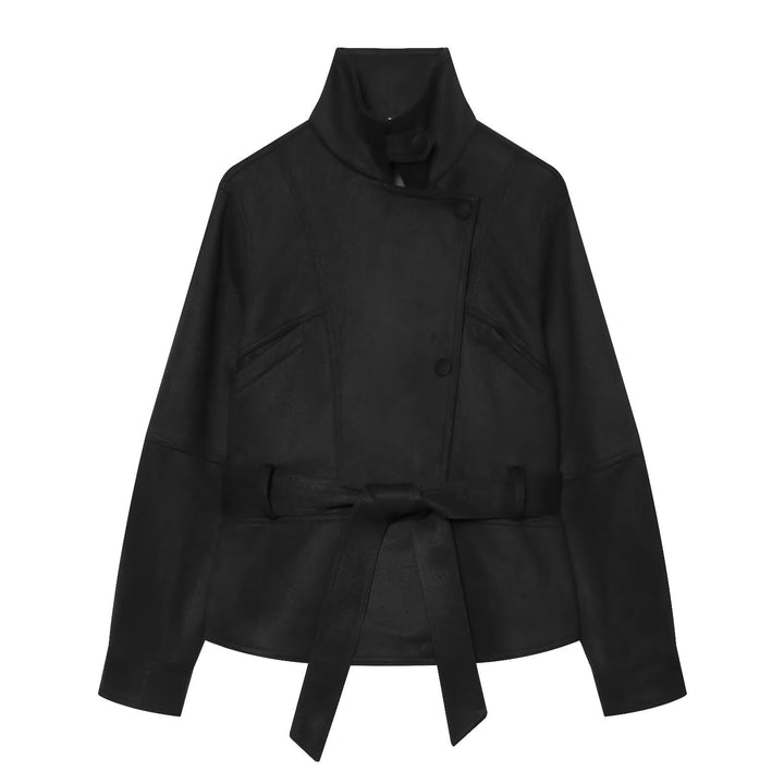 Damen Taillierte Kurzjacke aus weichem Veloursimitat mit asymmetrischer Knopfleiste und Bindegürtel Drune