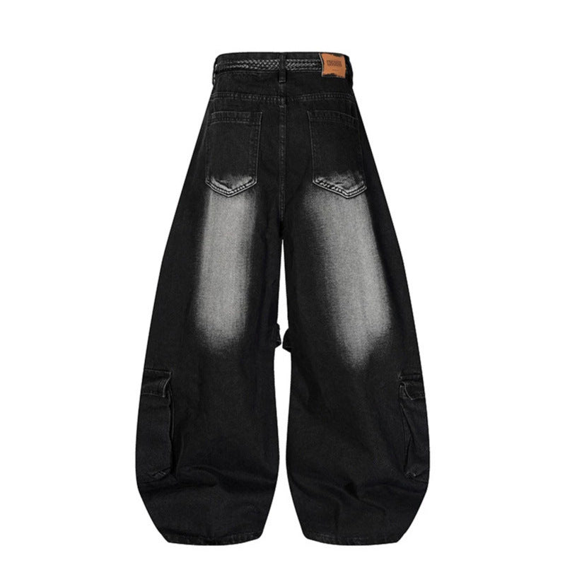 Damen Weite Denim-Cargo-Hose im Balloon-Schnitt mit großen Aufsatztaschen und geflochtenem Gürtel Drune