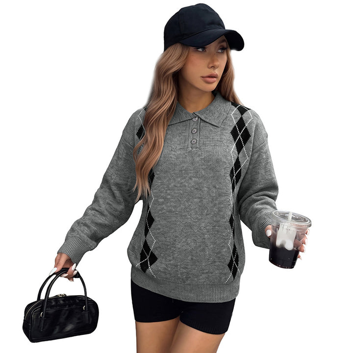 Damen Eleganter Strickpullover mit Polo-Kragen und Rautenmuster Drune