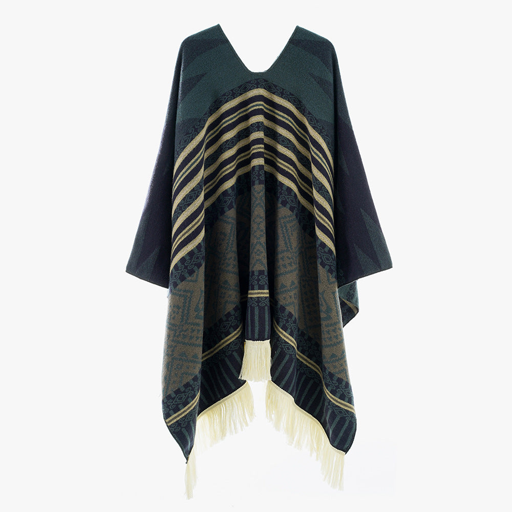 Damen Leichter Jacquard-Poncho mit Ethno-Motiv und Fransensaum Drune