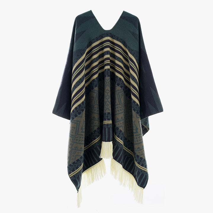 Damen Leichter Jacquard-Poncho mit Ethno-Motiv und Fransensaum Drune