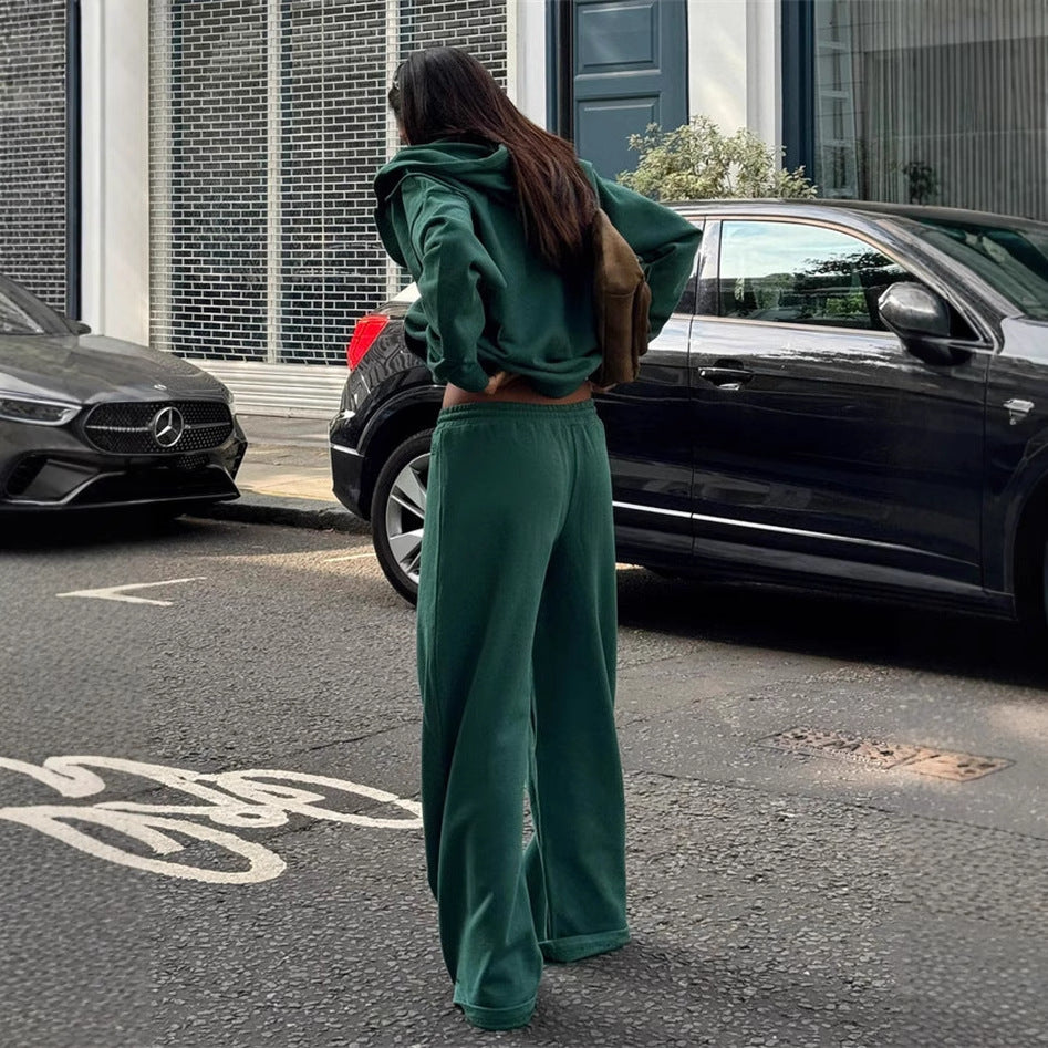 Damen gekürztes Kapuzen-Sweatshirt mit Oversize-Ärmeln und high-waist Wide-Leg Freizeithose Drune