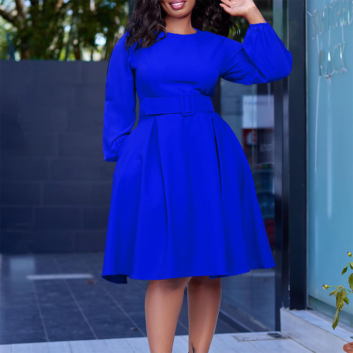 Damen Midi-Kleid mit ausgestellten Ärmeln und abnehmbarem Taillengürtel Drune