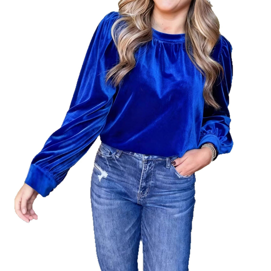 Damen Samtbluse mit Ballonärmeln und gerafftem Stehkragen Drune