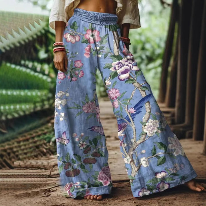 Damen Weite Sommerhose mit buntem Blumen- und Schmetterlingsprint Drune