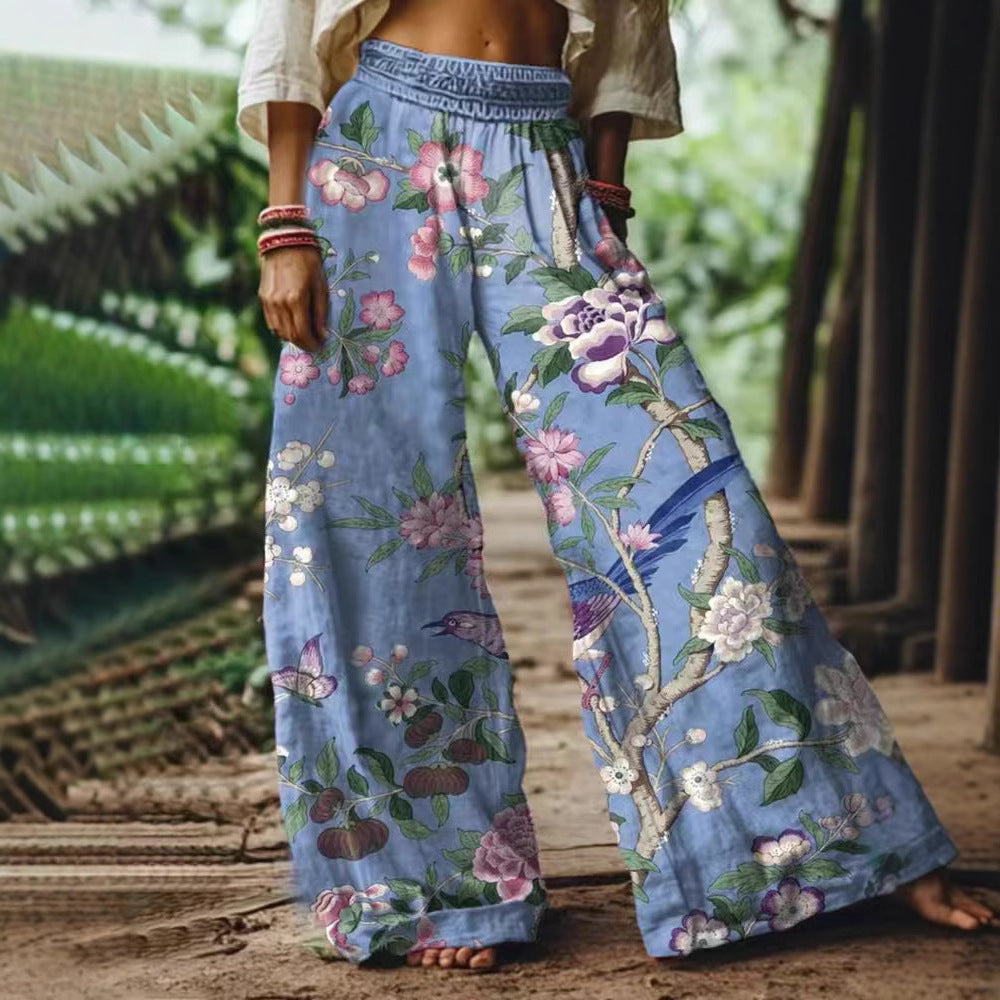 Damen Weite Sommerhose mit buntem Blumen- und Schmetterlingsprint Drune