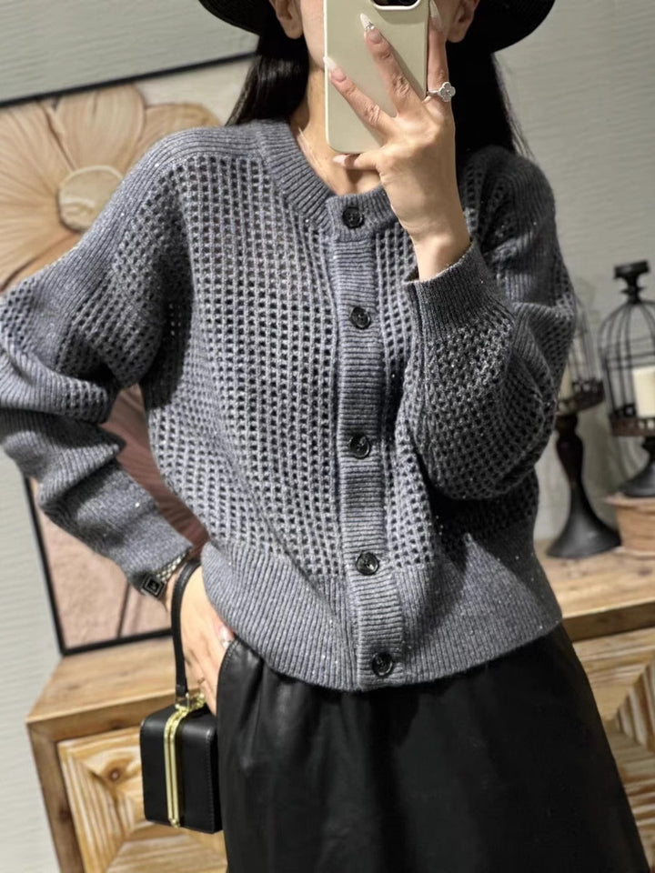 Damen Lockerer Mesh‑Cardigan mit Gitter‑Ajour, Rundhalsausschnitt und Knopfleiste Drune